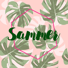 Lettering hello summer with leaves palm on pink background