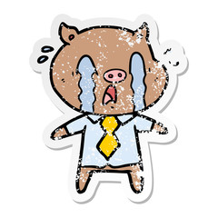 distressed sticker of a crying pig cartoon wearing human clothes