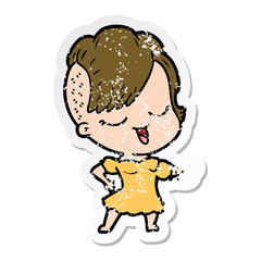 distressed sticker of a happy cartoon girl