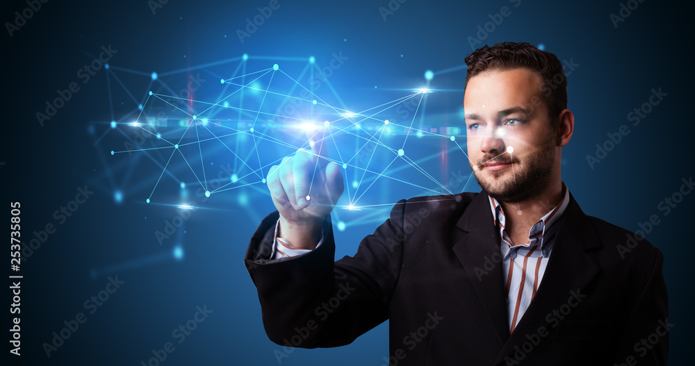Aufkleber Man touching hologram screen displaying modern web system
