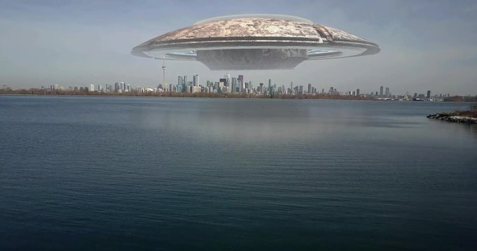 Alien Spaceship Hovering Over Toronto City Illustrattion Video Compositing simulates Real footage with visual effects elements of ufo alien spacecraft Hovering over Toronto Canada