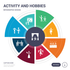 set of 9 simple activity and hobbies vector icons. contains such as acting, aquarium, arrest, baccarat, baking, balancing, ball pit icons and others. editable infographics design