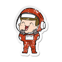 distressed sticker of a happy cartoon astronaut
