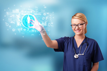 Doctor touching hologram screen displaying medical symbols and charts
