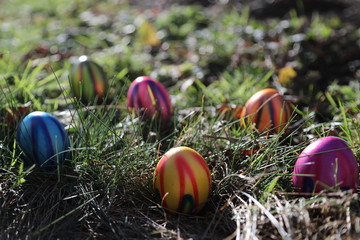 Bunte Eier im Gras zu Ostern