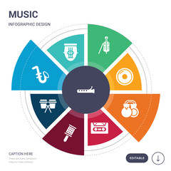 set of 9 simple music vector icons. contains such as bassoon, zither, s, bongo, cabasa, cassette, castanets icons and others. editable infographics design