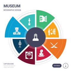 set of 9 simple museum vector icons. contains such as sarcophagus, sculpture, security guard, skeleton, souvenir, statue, sword icons and others. editable infographics design