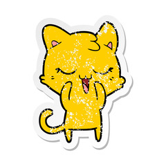 distressed sticker of a happy cartoon cat