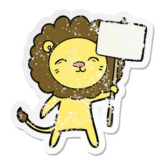 distressed sticker of a cartoon lion with protest sign