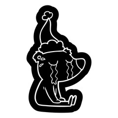 cartoon icon of a crying sitting polar bear wearing santa hat