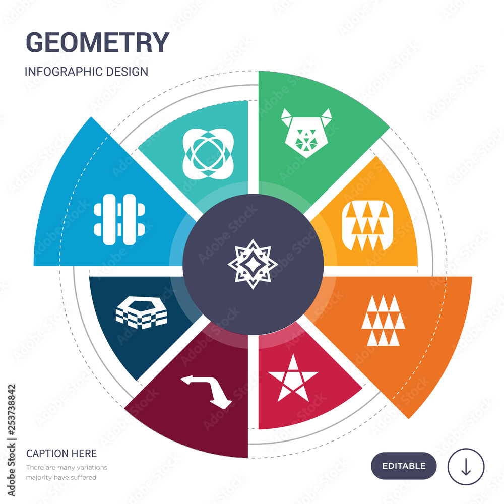 Poster set of 9 simple geometry vector icons. contains such as ornamental rotating polygonal, oval, paralle