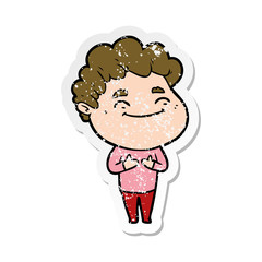 distressed sticker of a cartoon friendly man