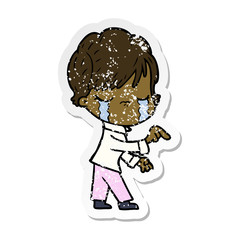 distressed sticker of a cartoon woman crying
