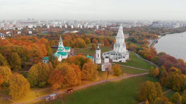 Church of the Ascension in Kolomenskoye park in autumn season aerial view, Moscow, Russia.