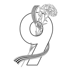Vector greeting for May 9 Victory Day with outline Carnation flower, number 9 and ribbon of Saint George in black isolated on white background. 
