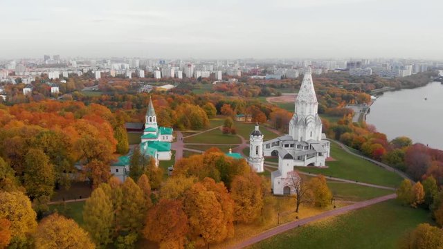 Church of the Ascension in Kolomenskoye park in autumn season aerial view, Moscow, Russia.