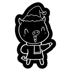 happy cartoon icon of a pig in winter clothes wearing santa hat