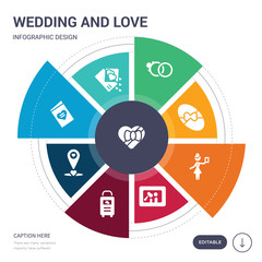 set of 9 simple wedding and love vector icons. contains such as wedding gift, wedding invitation, letter, location, luggage, photo, planner icons and others. editable infographics design