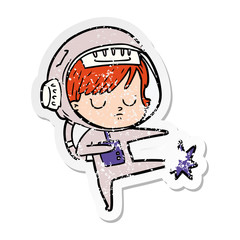 distressed sticker of a cartoon astronaut woman
