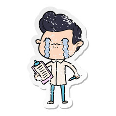 distressed sticker of a cartoon man crying