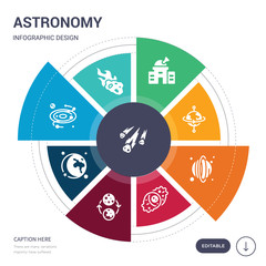 set of 9 simple astronomy vector icons. contains such as meteor shower, meteorite, milky way, moon, moon phases, nebula, neptune icons and others. editable infographics design