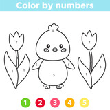Color by number for preschool kids. Coloring page or book with cute kawaii chick and spring flowers - tulips. Vector illustration.