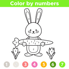 Color by number for preschool kids. Coloring page or book with funny kawaii bunny and big carrot. Spring flowers - crocus. Vector illustration.