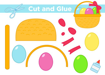 Education paper game for preschool kids. Create the applique Easter eggs in basket with bow. Cut and glue. Vector illustration.