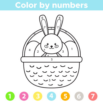 Color by number for preschool and school kids. Coloring page or book with Easter eggs and rabbit in the basket. Vector illustration.