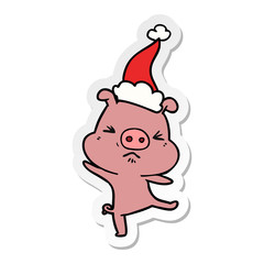 sticker cartoon of a furious pig wearing santa hat