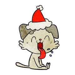textured cartoon of a panting dog wearing santa hat