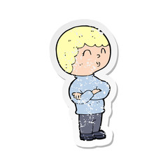 retro distressed sticker of a cartoon boy with folded arms