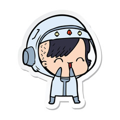 sticker of a cartoon laughing astronaut girl