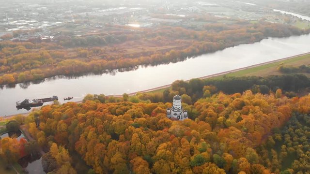 Church in Kolomenskoye park in autumn season aerial view, Moscow, Russia.