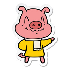 sticker of a nervous cartoon pig wearing scarf