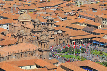 Peru, Cuzco, Cityscape, Plaza de Armas, Cathedral.