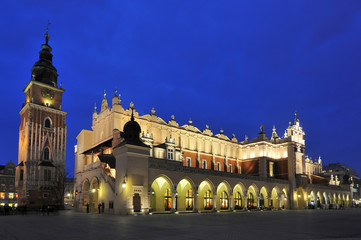 Poland, Cracow, Main Market Square, Sukiennice (Cloth Hall)at Dusk.