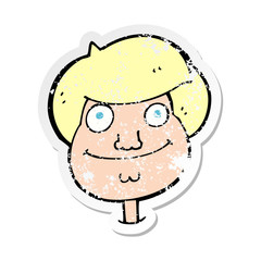 retro distressed sticker of a cartoon happy boys face