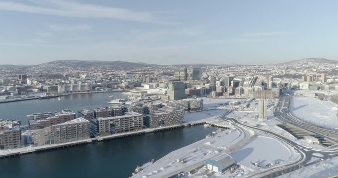 4K high angle aerial view of the beautiful Oslo skyline, The Munch Museum called Lambda and Barcode, a part of the new Bj&oslash;rvika Opera quarter, in vibrant winter sunlight.