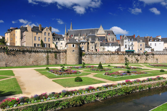 The walls of the ancient town and the gardens in Vannes. Brittany Northern France.