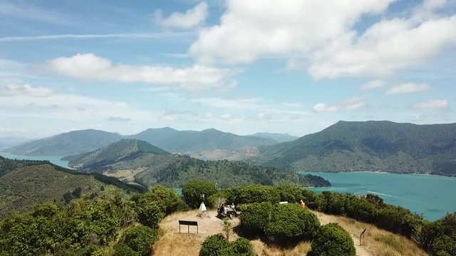 Drone view of Queen Charlottes Sound, New Zealand.