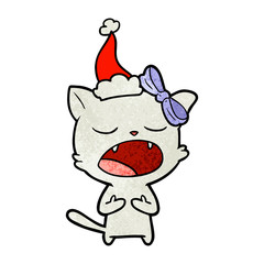 textured cartoon of a cat meowing wearing santa hat