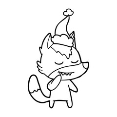friendly line drawing of a wolf wearing santa hat