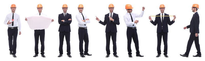 panoramic photo collage of architect expert isolated on white
