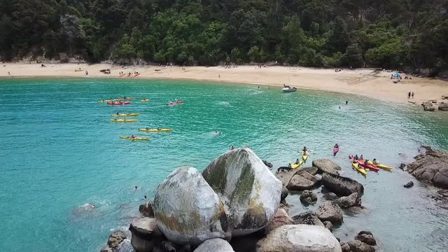 Drone view of Split Apple rock at Abel Tasman National Park, New Zealand.