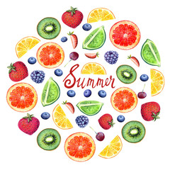 Summer wreath with kiwi, blueberry, cherry, strawberry,orange, lemon on a  white  background in watercolor . Hand painted text.