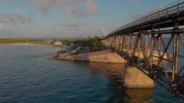 Drone Shot of the Bahia Honda State Bridge in the Florida Keys on a sunny day