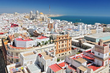 View from Torre Tavira tower to Cadiz Cathedral, also New Cathedral, Cadiz, Costa de la Luz, Andalusia, Spain.