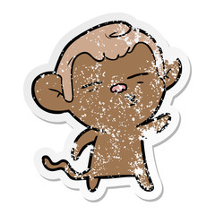 distressed sticker of a cartoon suspicious monkey