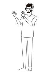 Man playing with virtual reality glasses in black and white